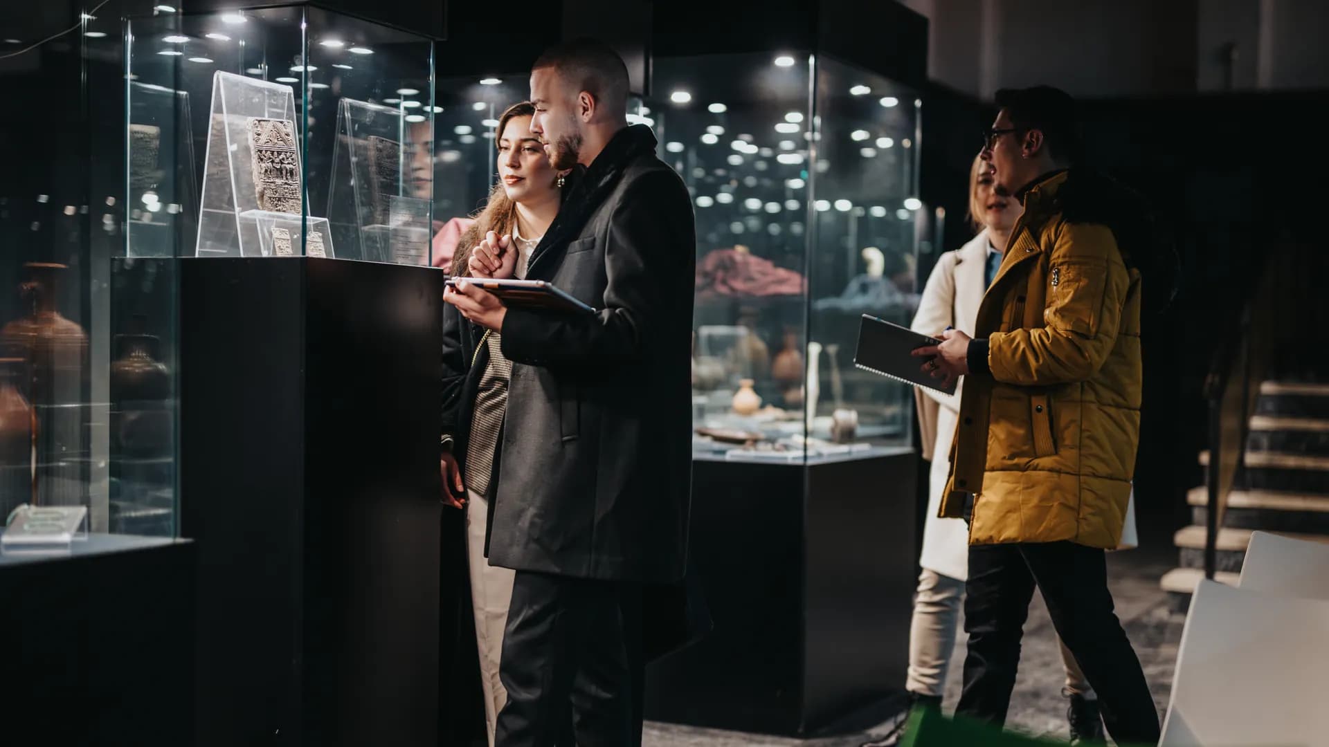 Students examining historical artifacts in a museum