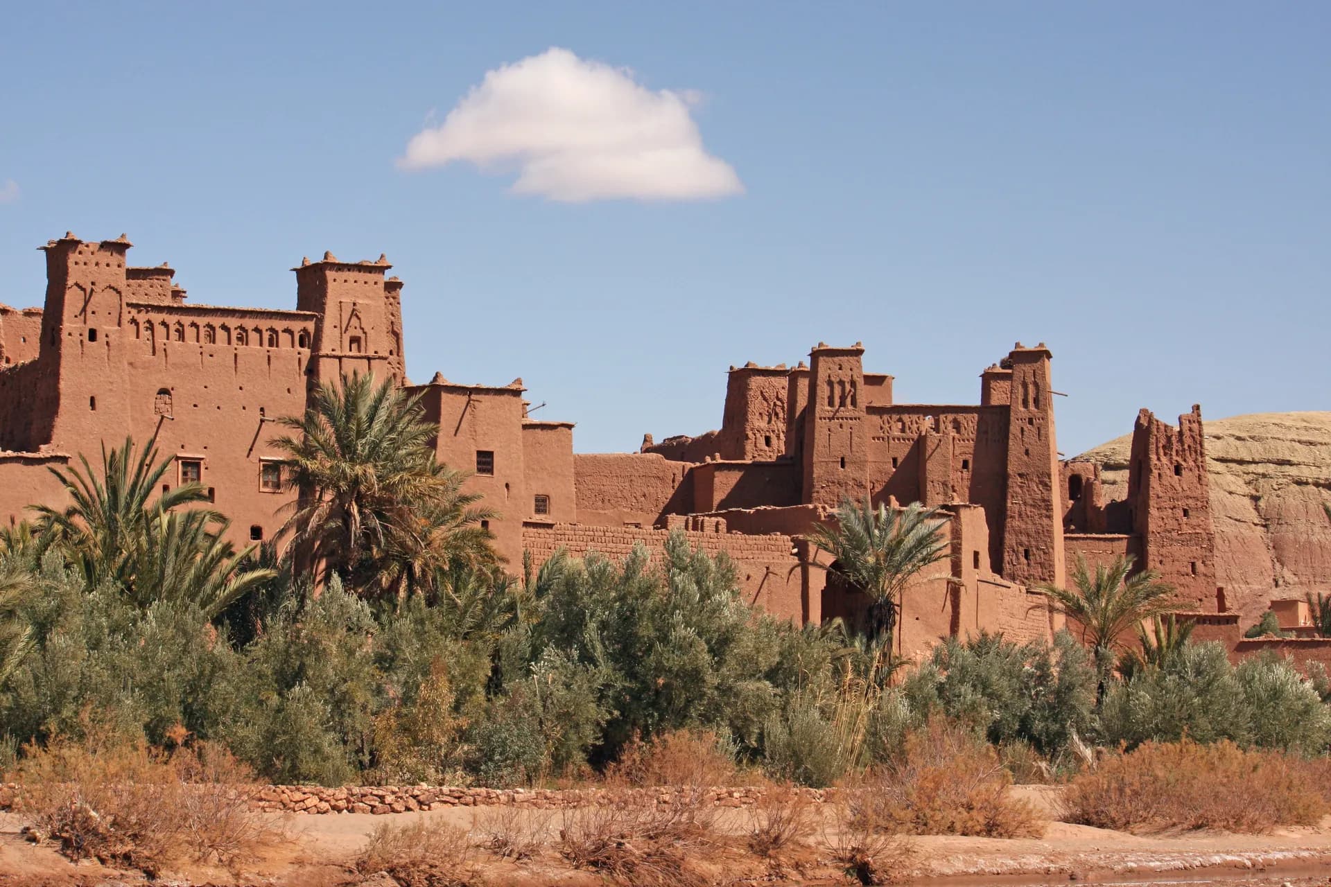 Aït Benhaddou kasbah with palm trees, Morocco