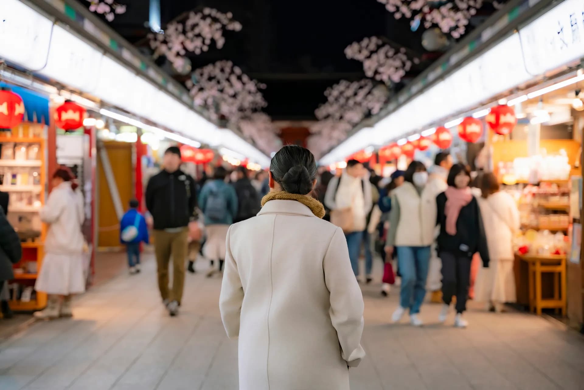 Nakamise Shopping Street in Asakusa lit up at night