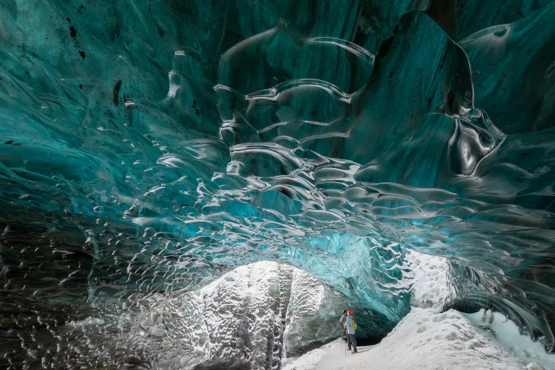 Inside a Vatnajökull glacier ice cave in southern Iceland