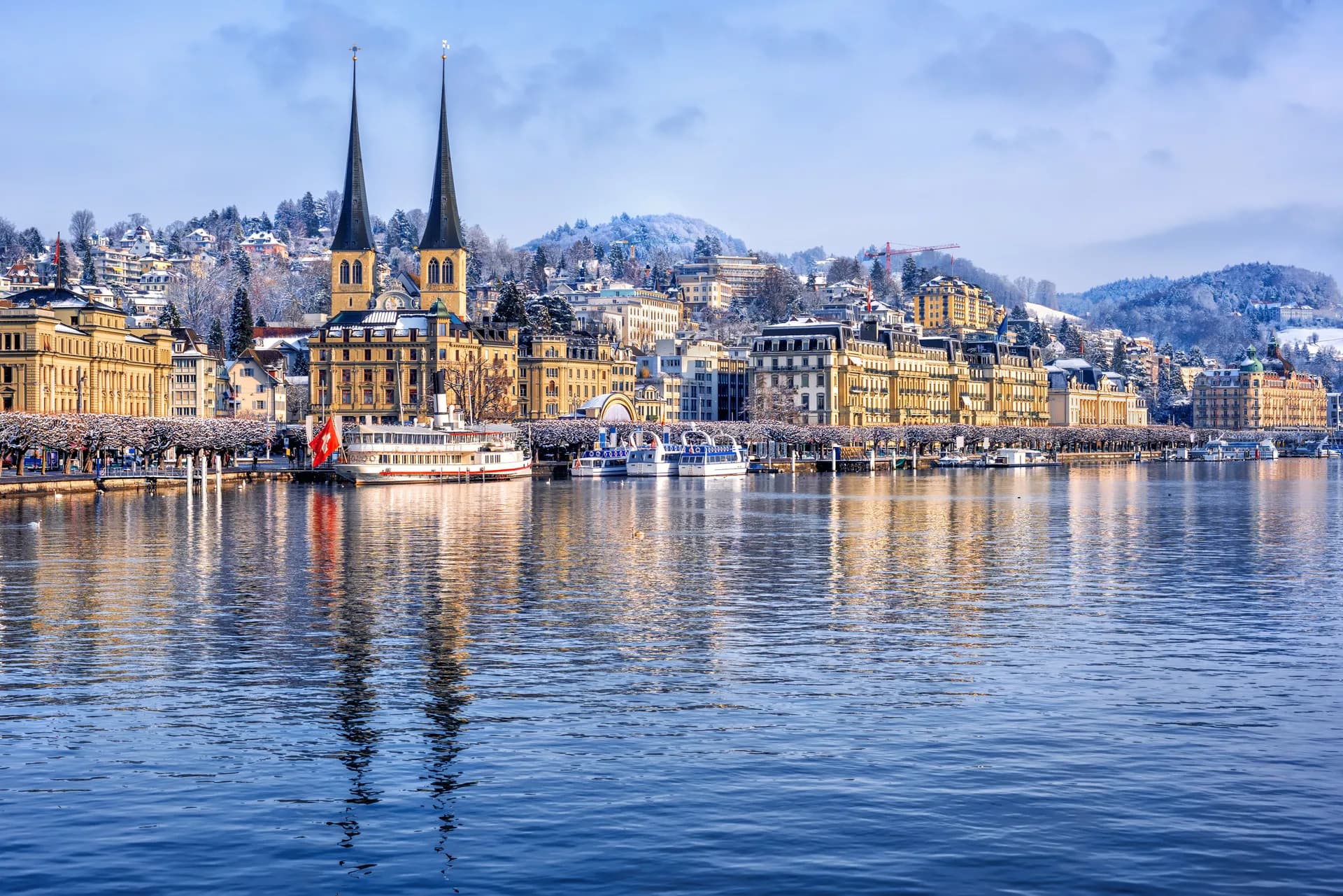 Lucerne lakefront with Swiss Alps in winter