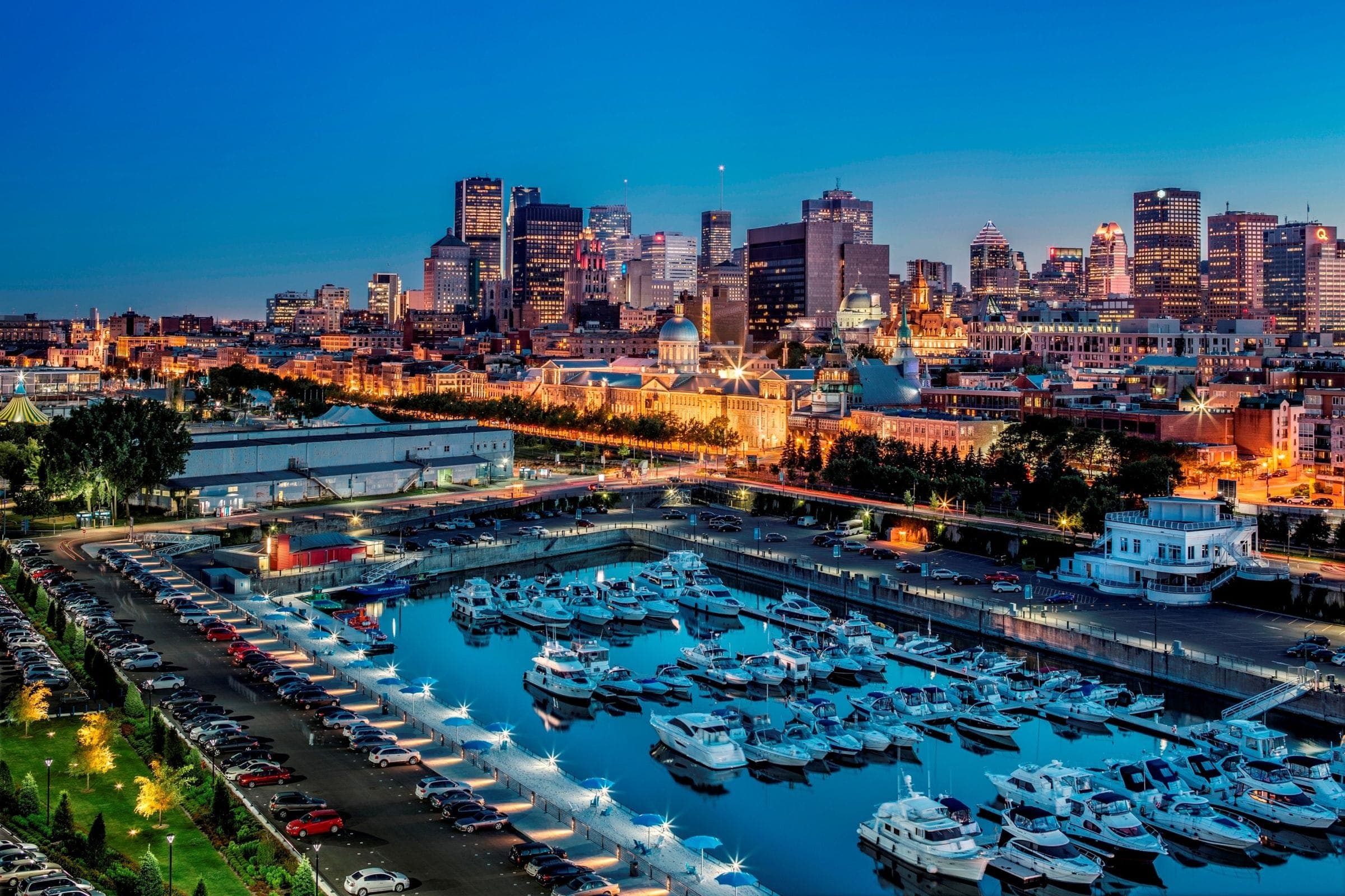 Montreal Old Port harbour skyline at night