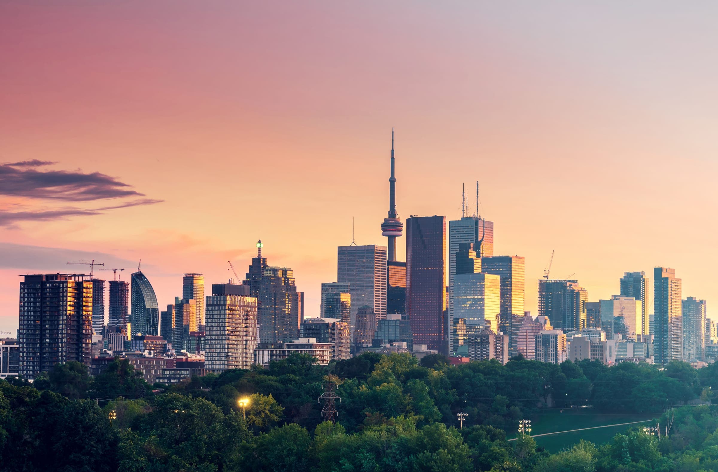 Toronto skyline with CN Tower at sunset