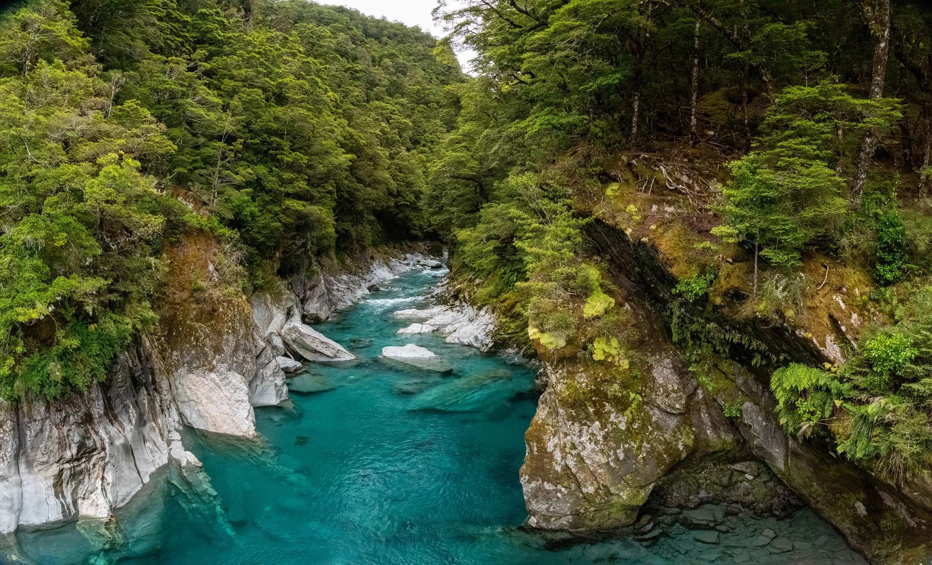 Turquoise blue pools at Haast Pass, South Island New Zealand