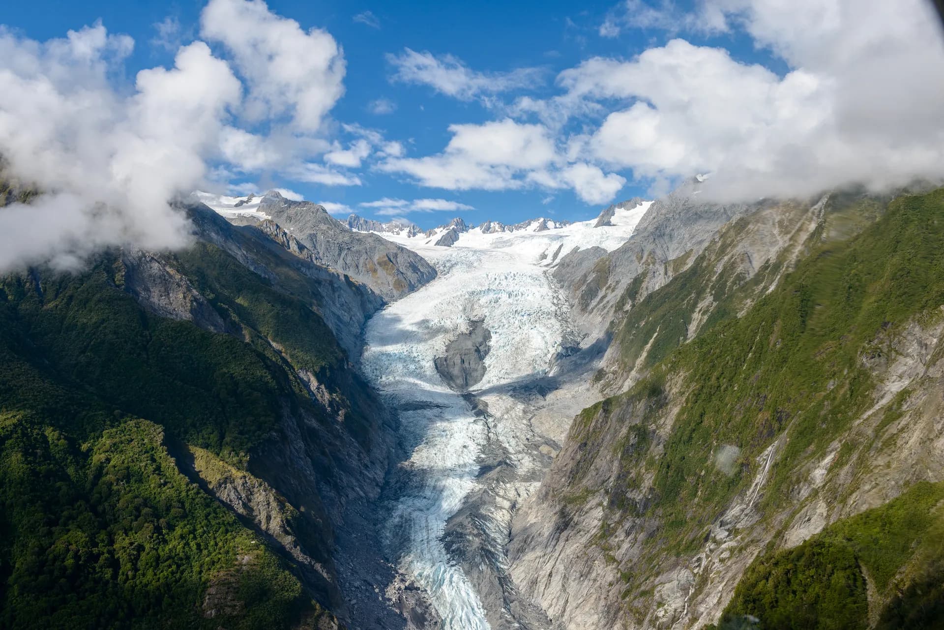 Aerial view of Fox Glacier on the west coast of New Zealand