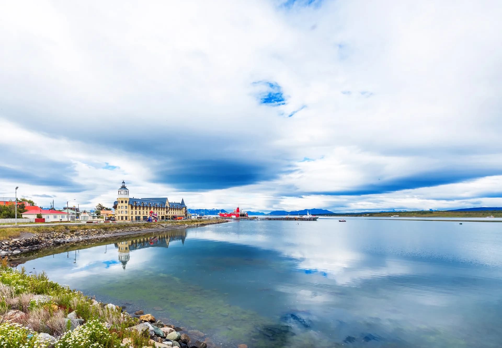 Puerto Natales waterfront with Patagonian mountains